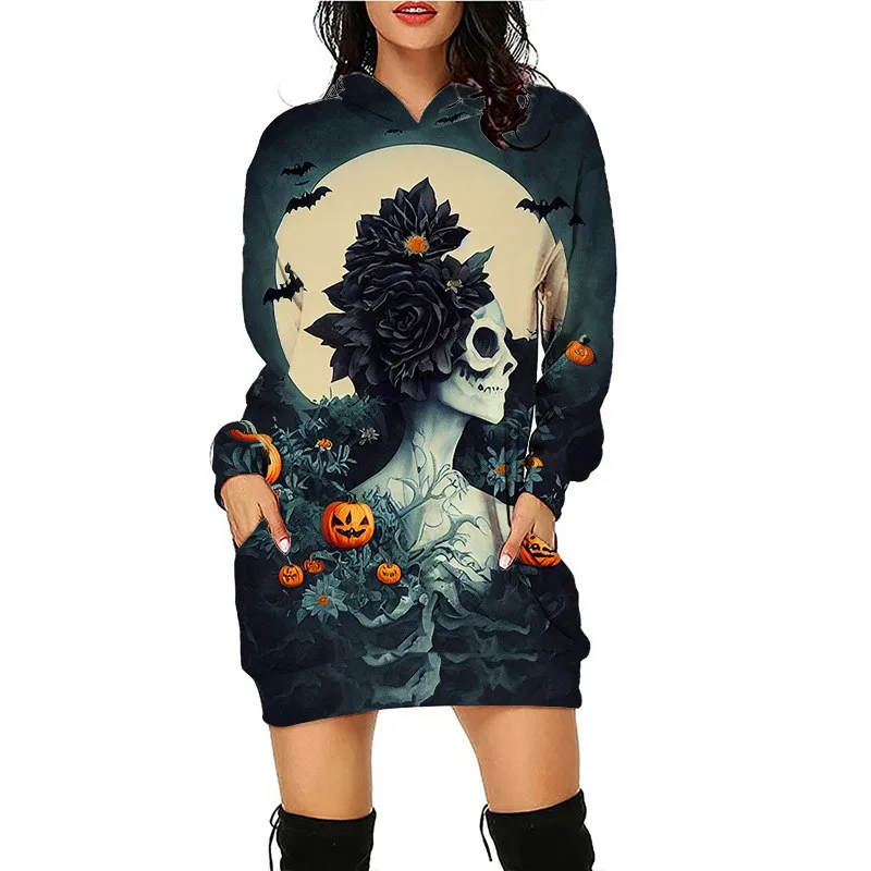 Women's Autumn/Winter Long Loose Halloween Printed Hoodie Large Sports Sexy American Simple Versatile Y2K Hoodie Хэллоуин 