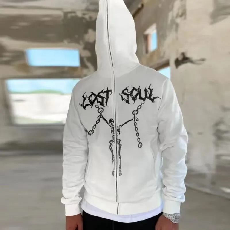 

Retro American Style Gothic Print Full Zipper Cardigan Hoodies Men and Women Ins Sweatshirt Oversize Loose Drape Lazy Jacket