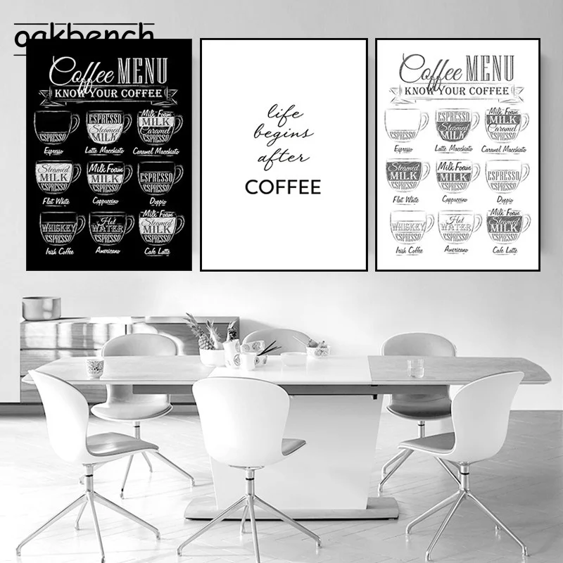 Black and White Coffee Menu Wall Art Cafe Canvas Painting Shop Prints Kitchen Pictures Nordic Poster Living Room Decor |