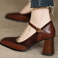 2025 New Fashion French Style Women's Black Square Toe Chunky Heel Thick Sole Buckle Slip-On Pumps Vintage Sandals for Ladies