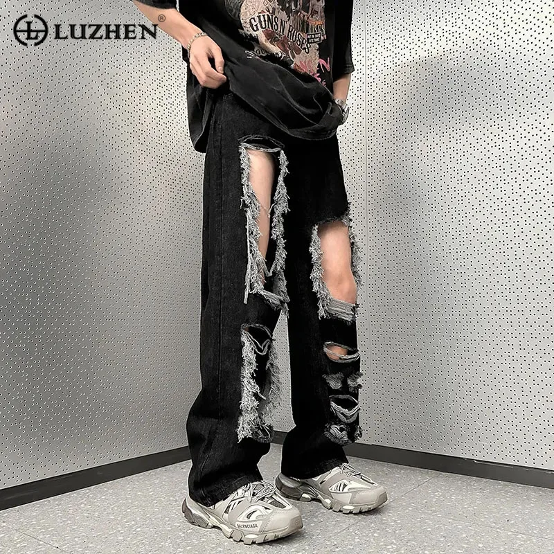 

LUZHEN Design Personality 2023 Stylish Men's Hole Casual Broken Denim Pants High Street Wear Trendy American Loose Jeans 3c0a61