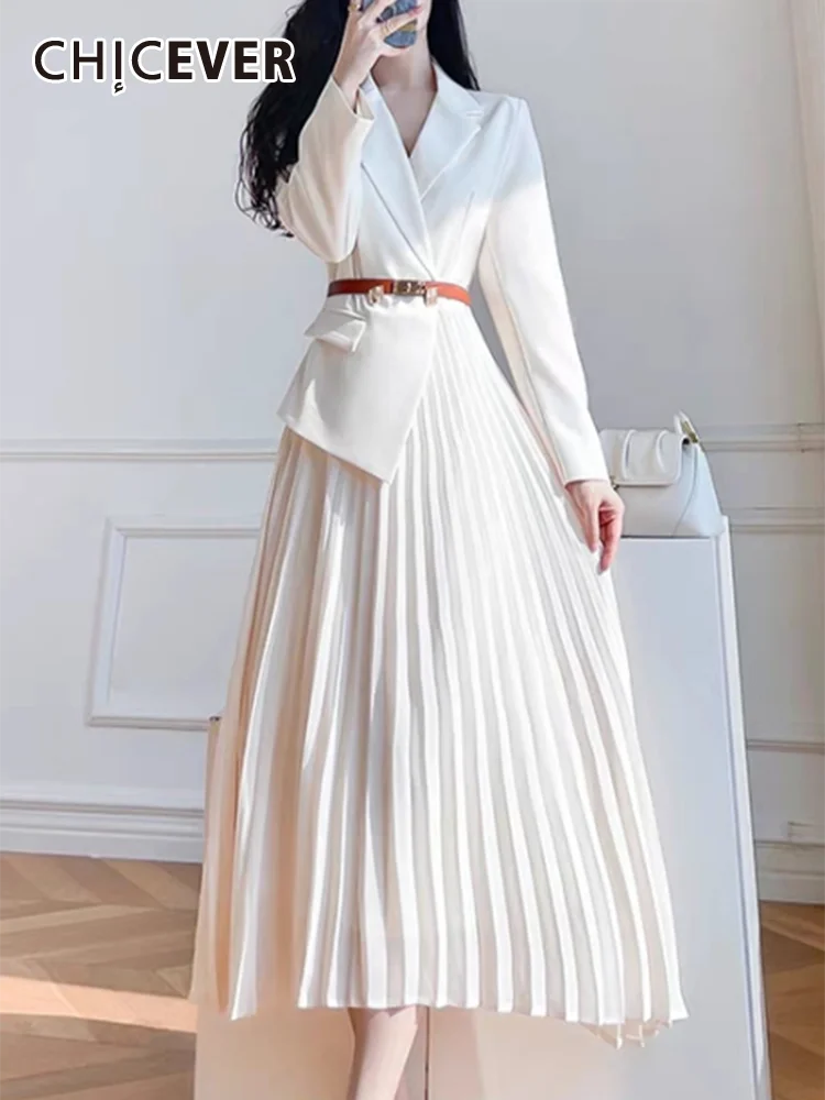 

CHICEVER Irregular Minimalist Dresses For Women Notched Collar Long Sleeve Patchwork Belt Elegant Temperament Midi Dress Female