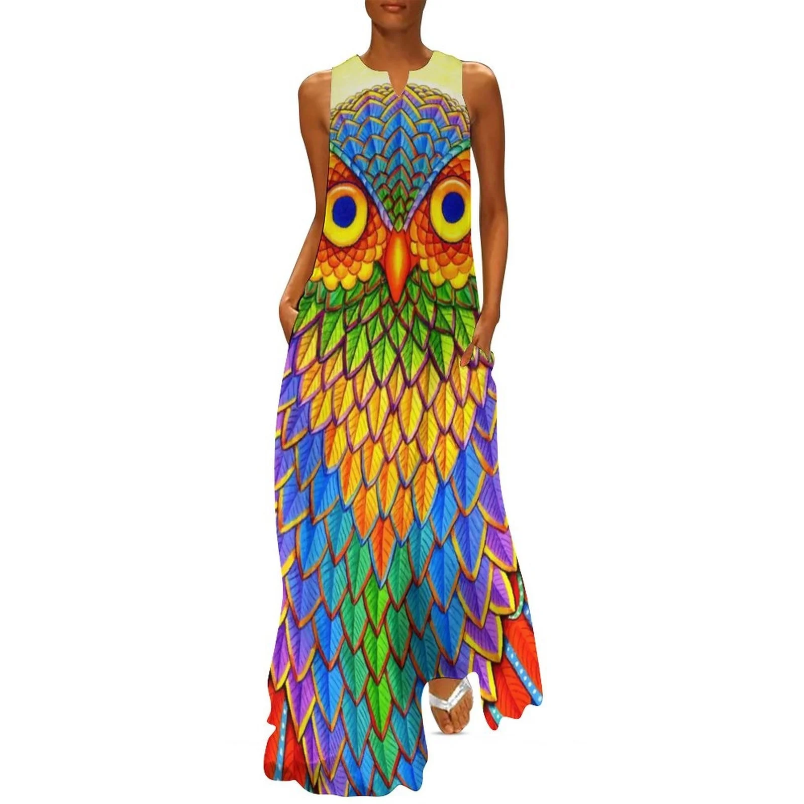 

2023 Colorful Psychedelic Print Dress Summer Rainbow Owl Aesthetic Bohemia Long Dresses Women Trendy Party Maxi Dress 3XL 4XL 5X