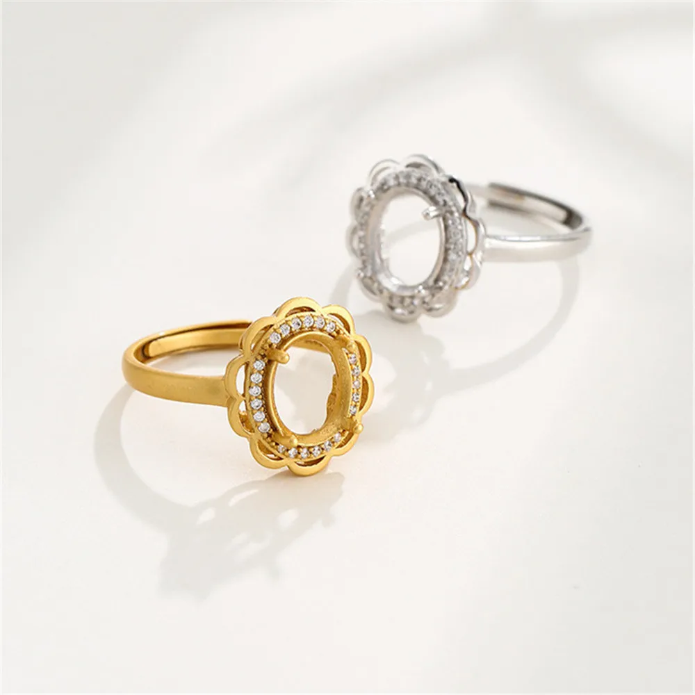 Ring Setting for 8x10mm Oval Cabochons Ring Base Gold Plated 925 Silver Zircon Adjustable Ring Blank RB066S