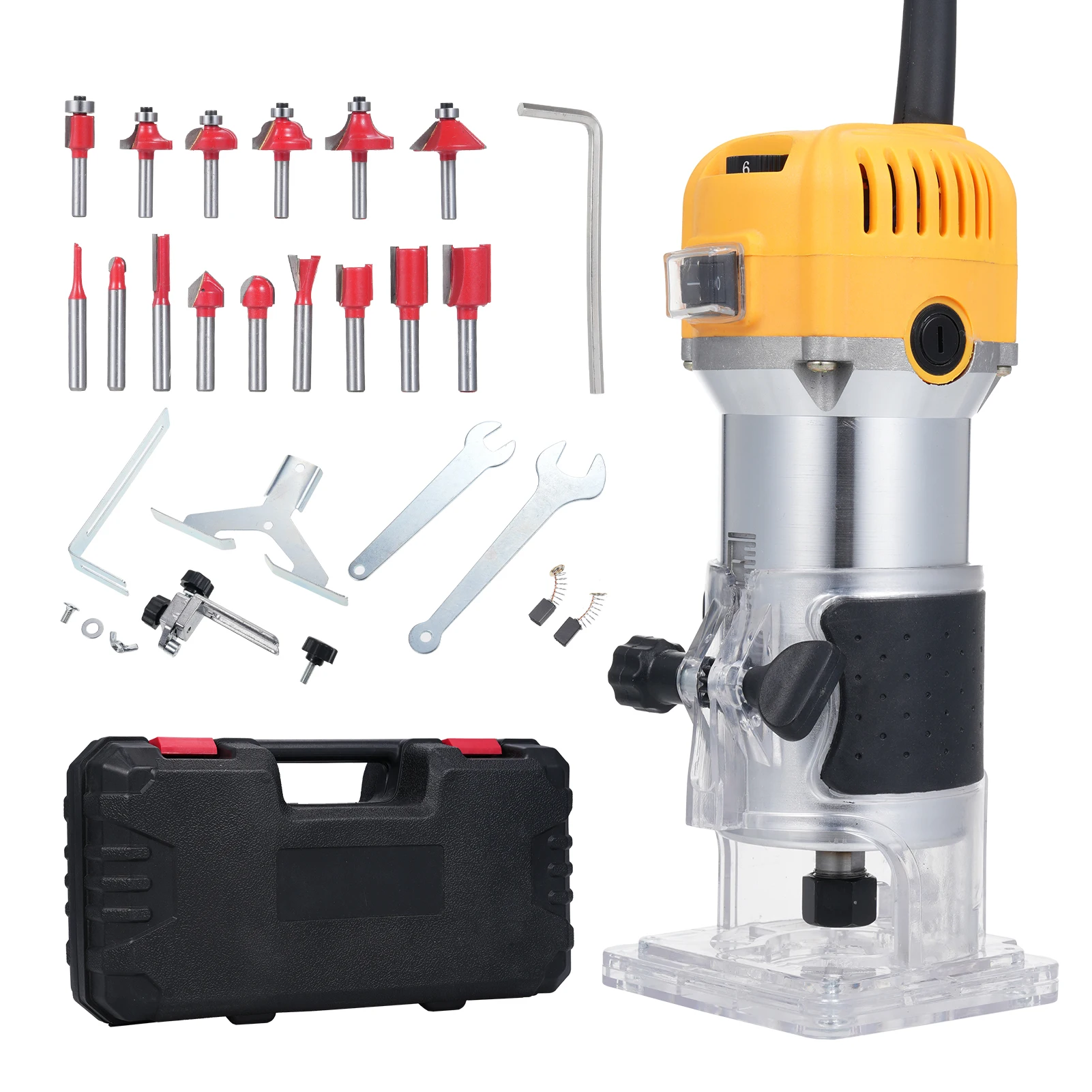 Wood Router 800W Wood Trimmer 30000r/min 6 Variable Speed with 15pcs Milling Cutter Accurate Cutting for Woodworking Trimming