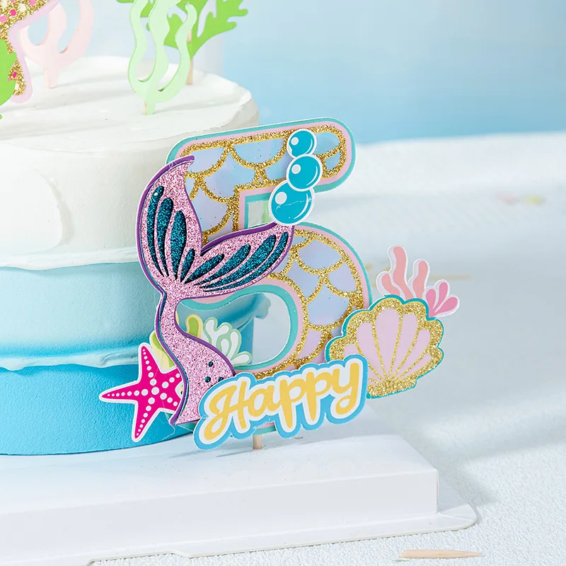 0-9 Digital Glitter Meerjungfrau Schwanz Kuchen Topper Kleine Meerjungfrau Party Cupcake Topper Alles Gute Zum Geburtstag Kuchen Dekor DIY Backen liefert