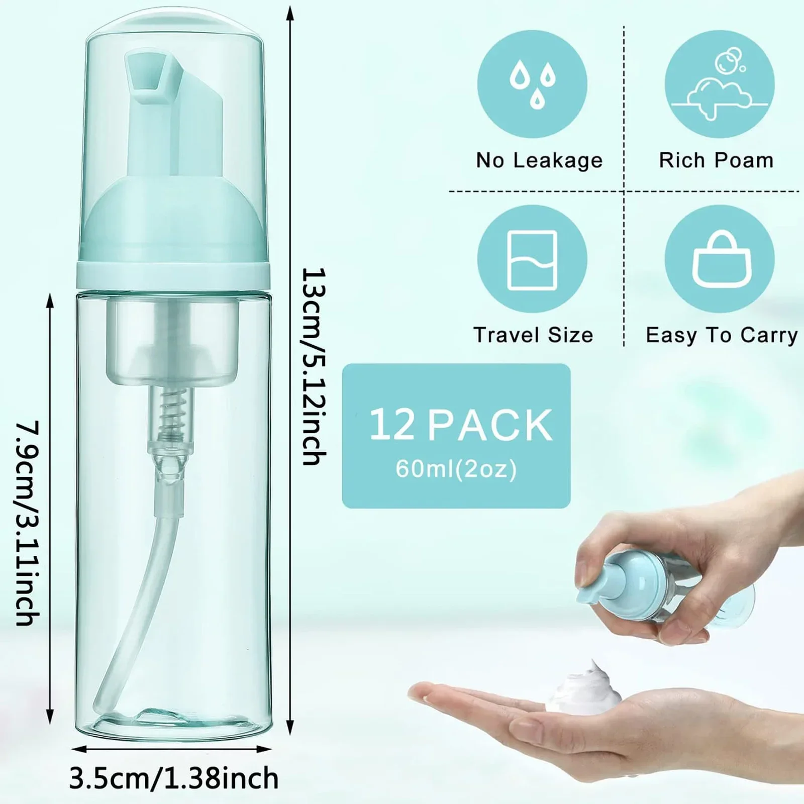 Foam pump bottle 12pcs 2oz/60ml Travel Foam Pump Bottle Lash Shampoo Bottles for Hand Sanitizer Liquid