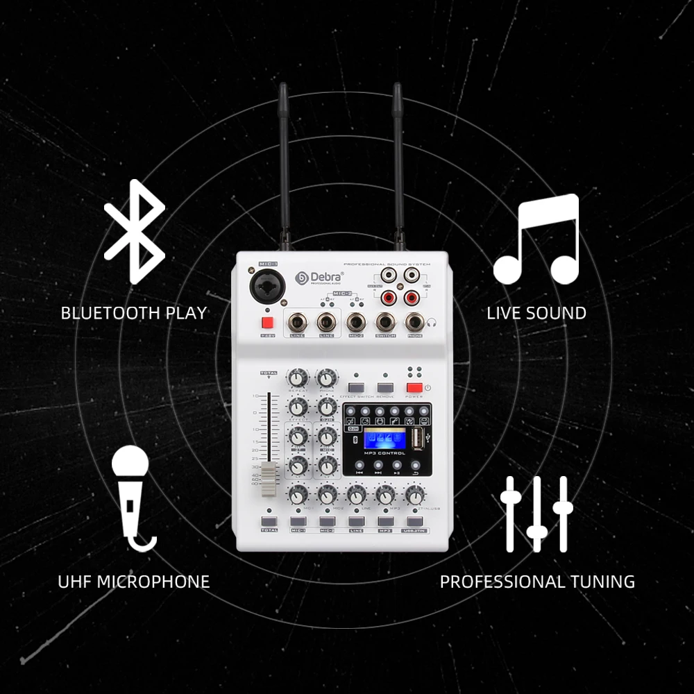 Audio MM-02  DJ Mixer Console With UHF 2  Wireless Microphones with 48V Phantom