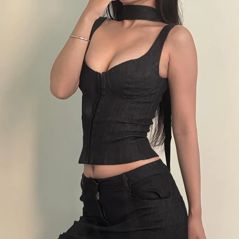 Women Tank Top with Scarf Fashion Basic Sleeveless Button Up Vest Tops Streetwear Vintage Gray Square Collar Camis