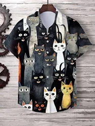 Hawaii Men's Shirt Cute Cartoon Cat 3D Printed Tops Casual Women Short Sleeves Shirts Button Lapel Oversized Unisex Clothing