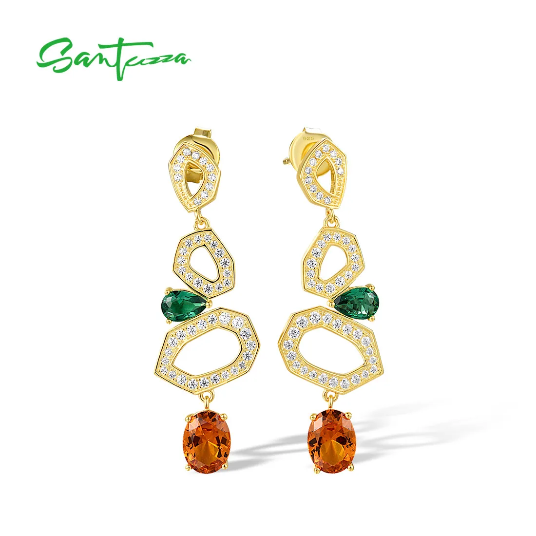 

SANTUZZA 925 Sterling Silver Stud Earrings For Women Yellow Nano White Cubic Zirconic Geometric Dangling Fashion Fine Jewelry