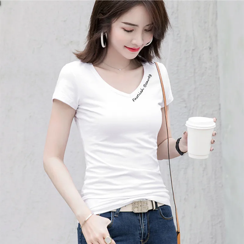 

2022 Summer Women V Neck Short Sleeve T-Shirt Stretch Cotton Fashion Chic Embroidered T-Shirt Tops