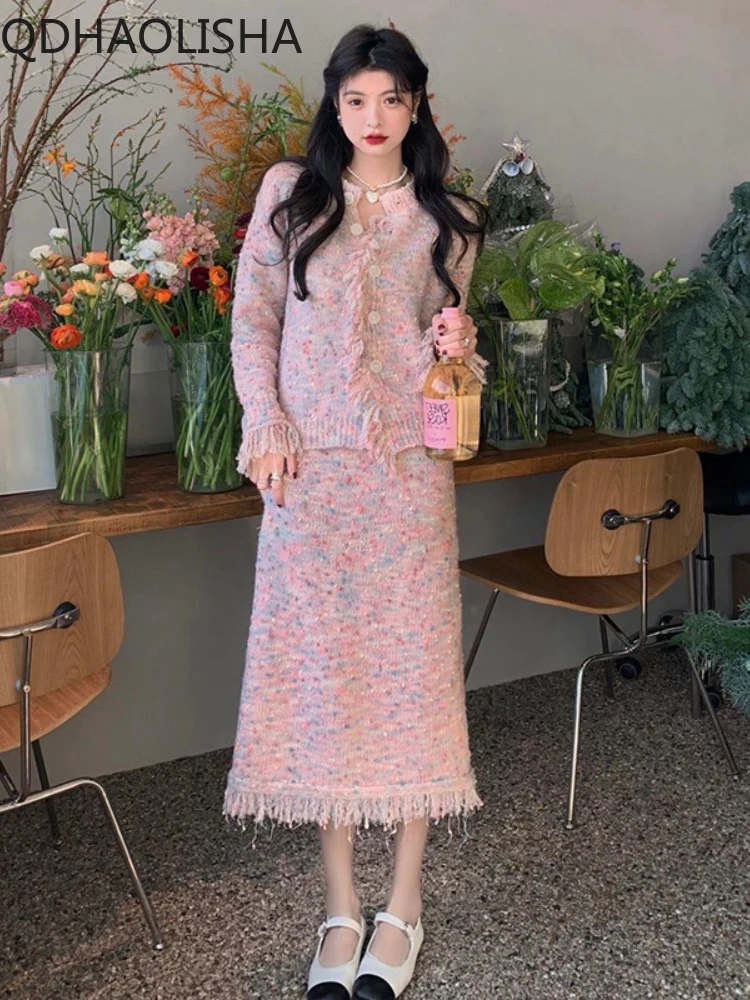 

Two Piece Set for Women Autumn/Winter Knitted Pink Cardign Jacket Button Coat Sweater Dress Set Tassels Korean Fashion Elegant
