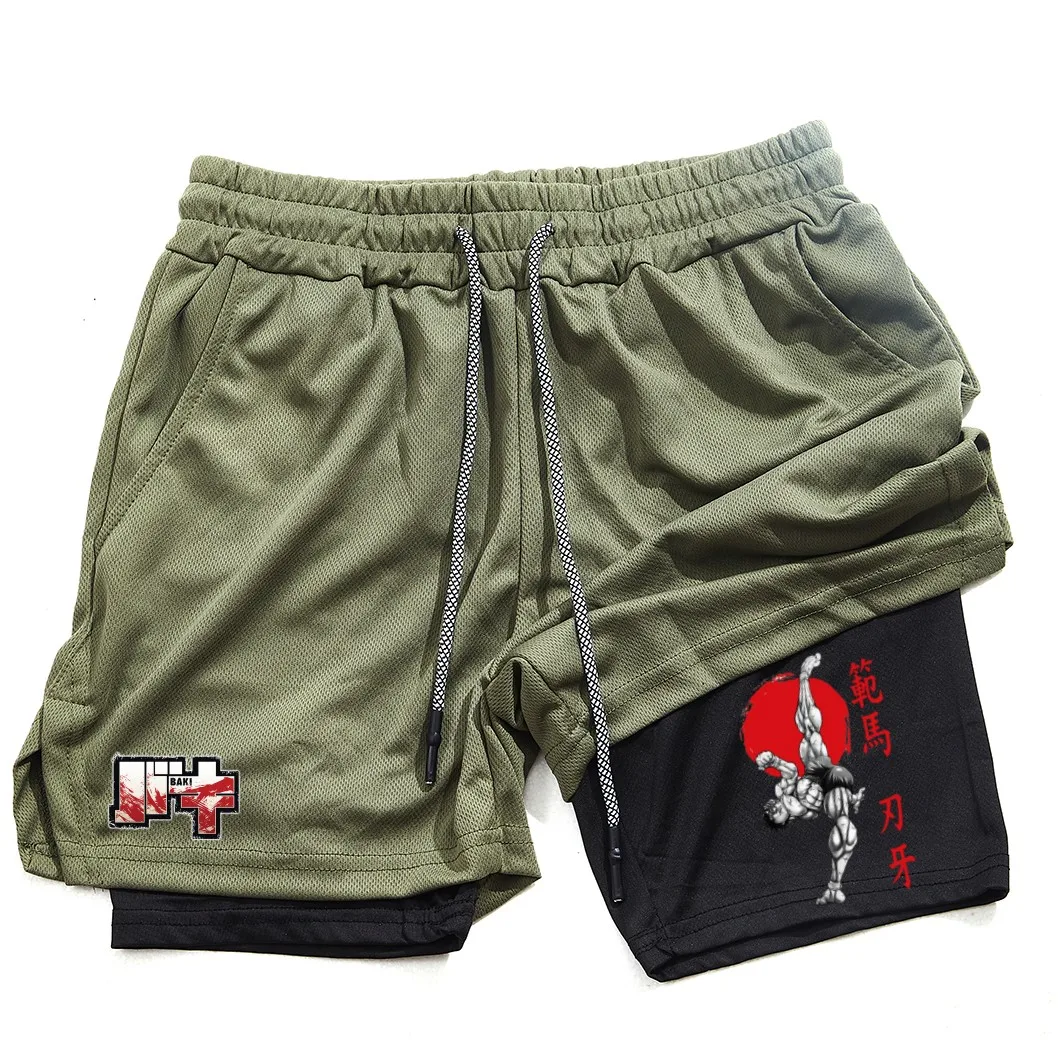 Men's and women's gym shorts, quick drying mesh shorts, animated printed Baki Hanma, sleeves, 2-in-1 6