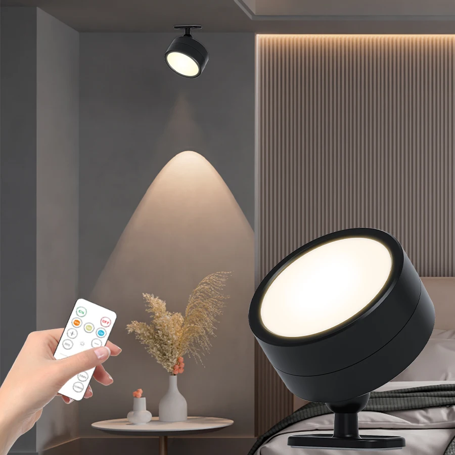 أضواء الجدار المغناطيسية LED مصباح الجدار اللاسلكي القابل لإعادة الشحن 360 ° ضوء محيط دوار مع أضواء كاشفة عن بعد لتزيين الغرفة 6