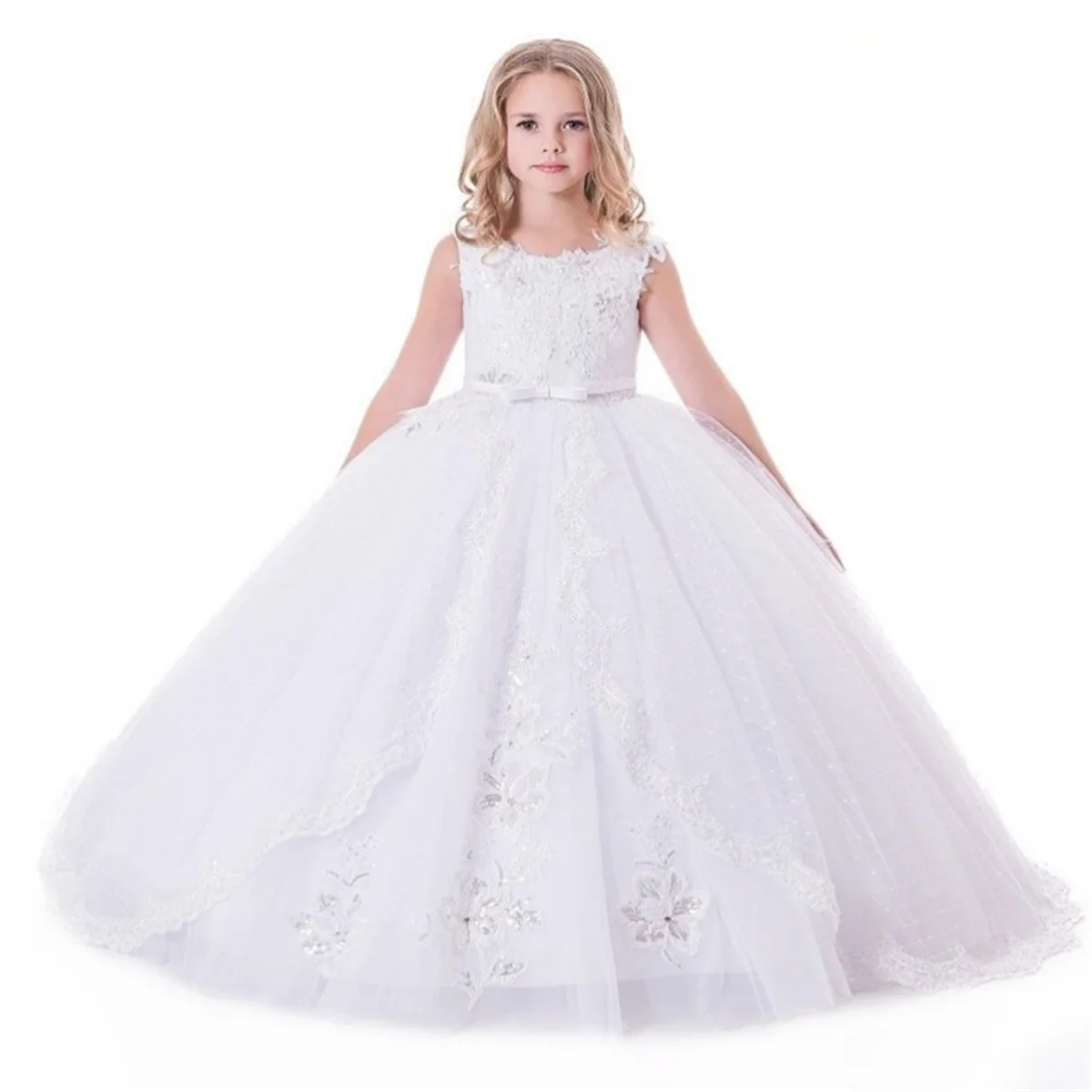 White Fluffy Lace Beaded Flower Girl Dress Wedding Elegant Little