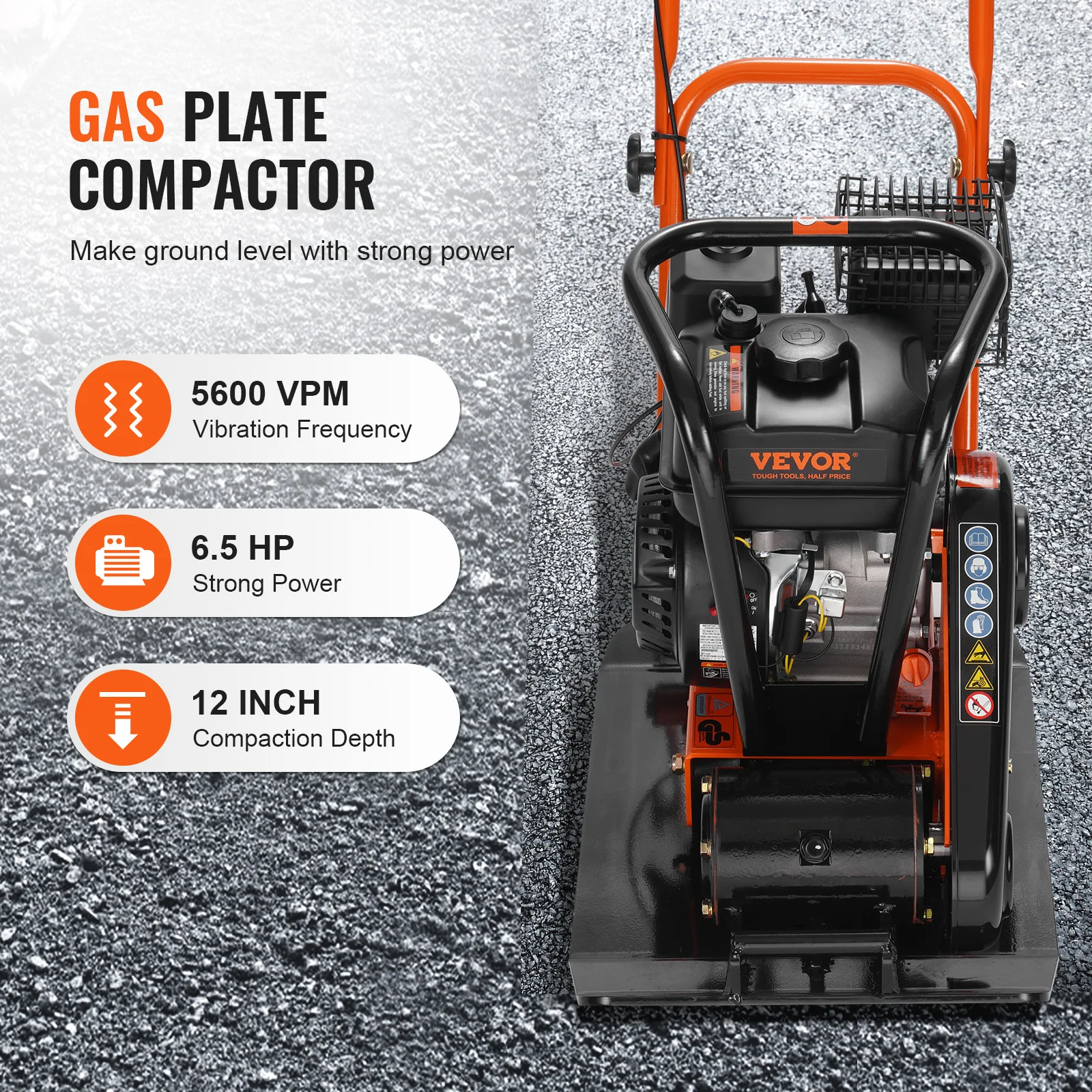 Gasoline Plate Compactor 2.8/6.5 HP Force Vibratory Compaction Tamper for Walkways, Patios, Asphalts, Paver Landscaping
