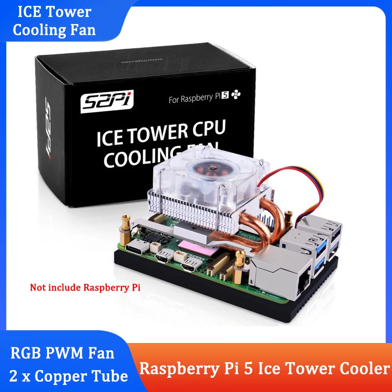 

Кулер для охлаждения ЦП Raspberry Pi 5 Ice Tower, лампа с RGB подсветкой, медная трубка, алюминиевый плавник 5 мм, низкопрофильный тип для RPI 5