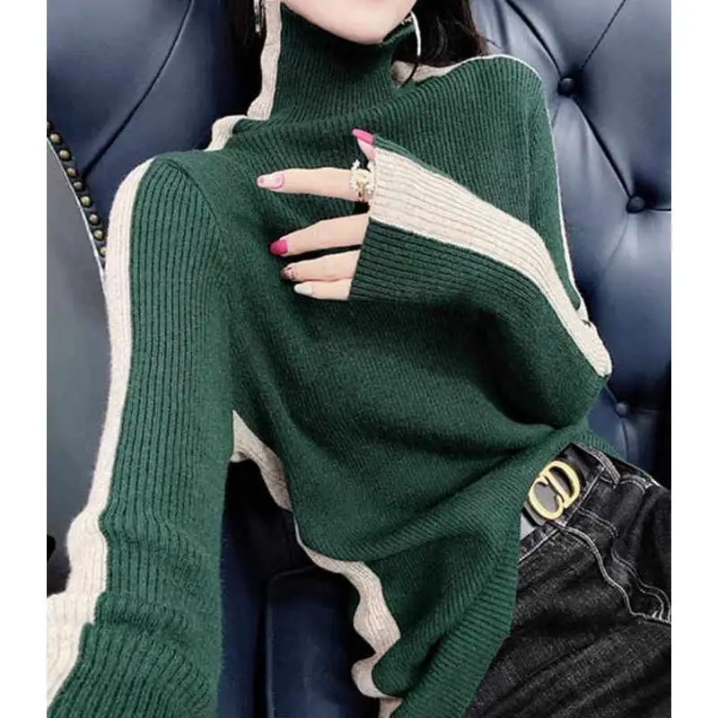 Autumn and Winter Women's Pullover High Neck Long Sleeve Contrast Stripe Shirring Slim Fit Fashion Casual Knit Bottom Tops