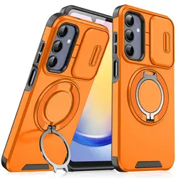 Sliding Camera Lens Protection Armor Phone Case with 360° Rotating Ring Holder and Kickstand - Shockproof Back Cover - Galaxy S21 5G (LHZHTL orange)