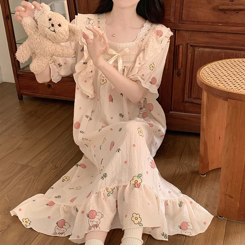 Summer New Nightgowns Ladies Pajamas Homewear Women Bubble Wrinkled Fabric Cute Loose Dresses Student Nightgowns Homewear