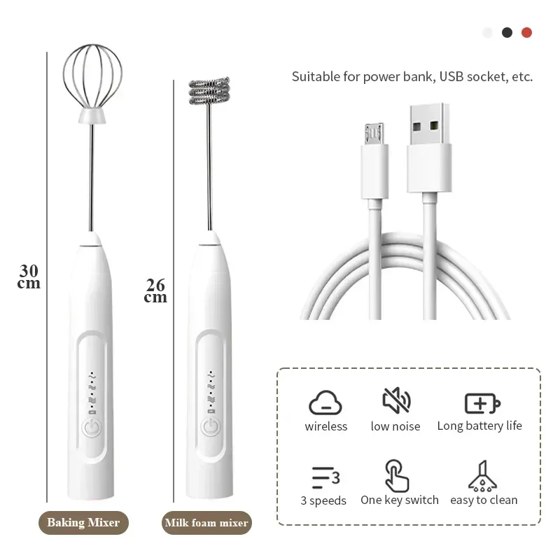 Milk Frother Egg Beater Electric Milk Frother 2 in 1 USB Rechargeable Electric Egg Beater Whisk Coffee Mixer Double Heads Milk Frothers Baking Stirrer Kitchen Gadgets