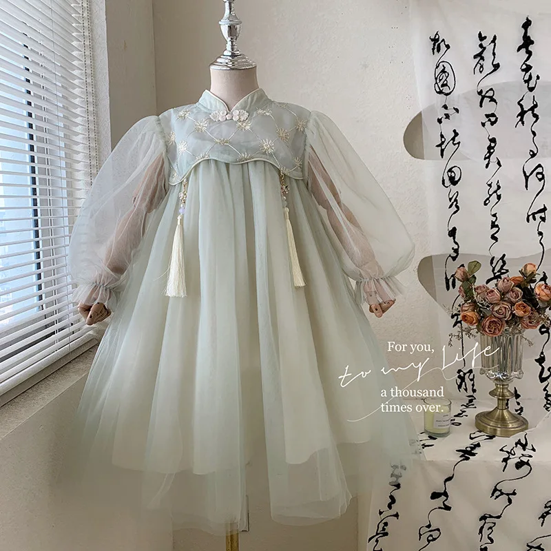 Girls' Dress Spring and Autumn2024New Children's Spring Clothes Western Style Chinese Style Mesh Spring Baby Princess Skirt