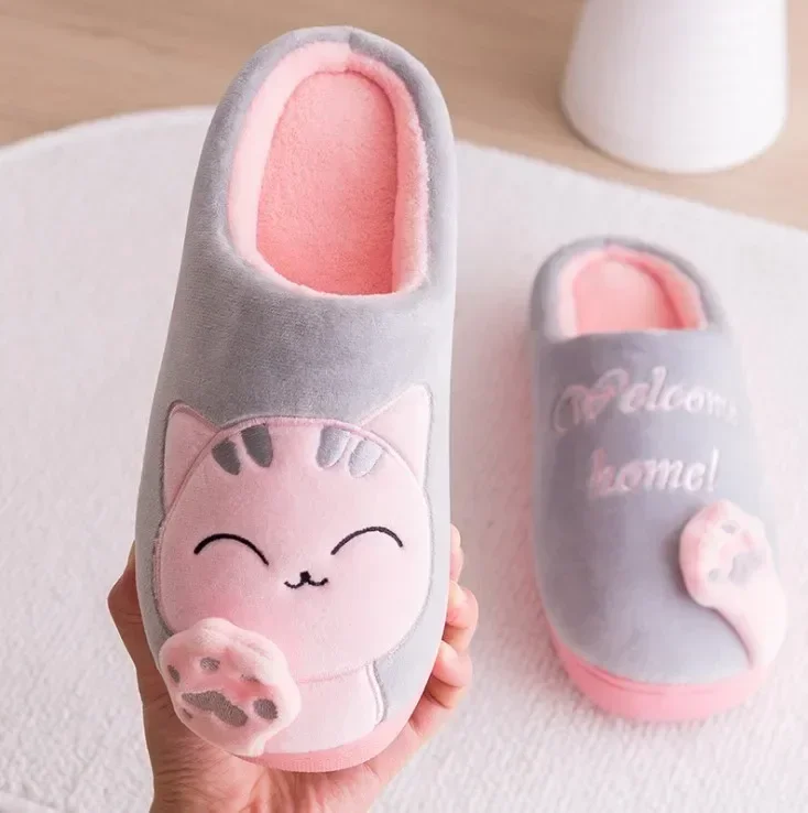 Women Winter Warm Slippers Cartoon Cat Shoes Furry Plush Slides Round Toe Flats Indoor Home Bedroom Floor Slippers Ladies Shoe