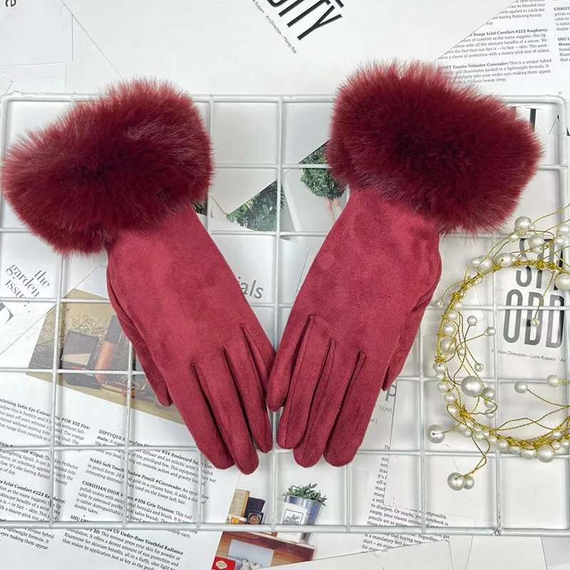 Women Winter Suede Keep Warm Touch Screen Plus Cashmere Fashion Solid Plush Wrist Look Thin Gloves Cold Protection Elasticity