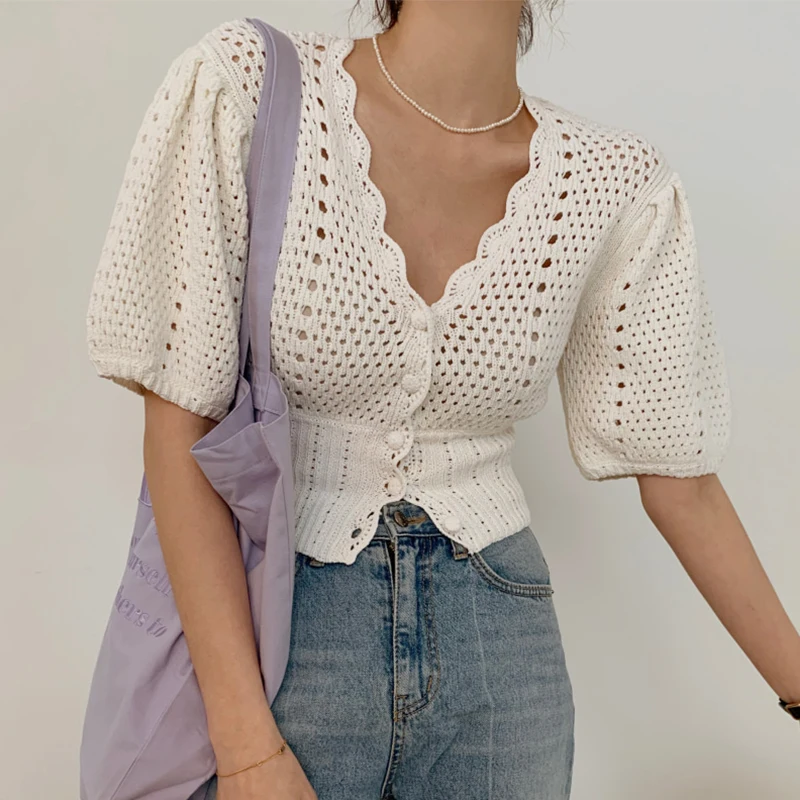 

Korean Chic Elegant V-neck Crop Top Cardigan Women 2023 new Hollow Out Slim Waist Knitwear Vintage Puff Sleeve Summer Cardigans