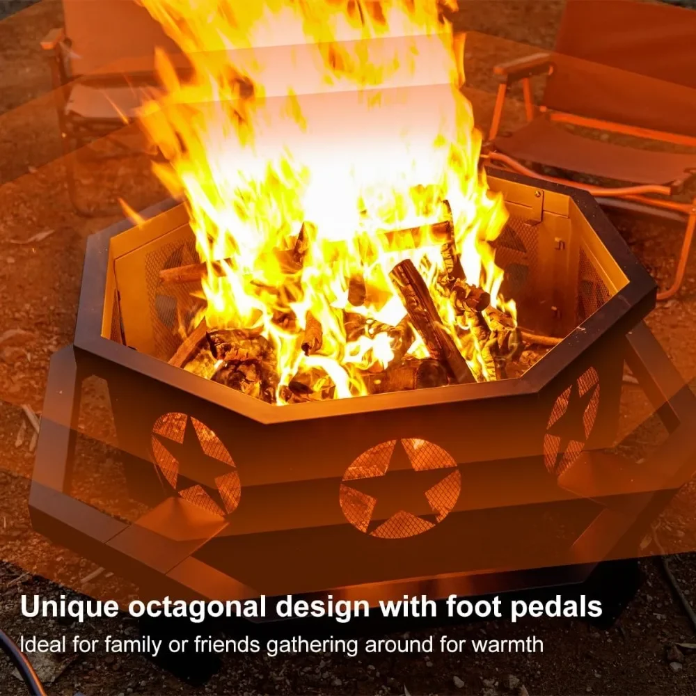 42 inch Fire Pit for Outside, Heavy Duty Wood Burning Fire Pits with Poker, Outdoor Octagonal Firepit for Camping, Yard, Pa