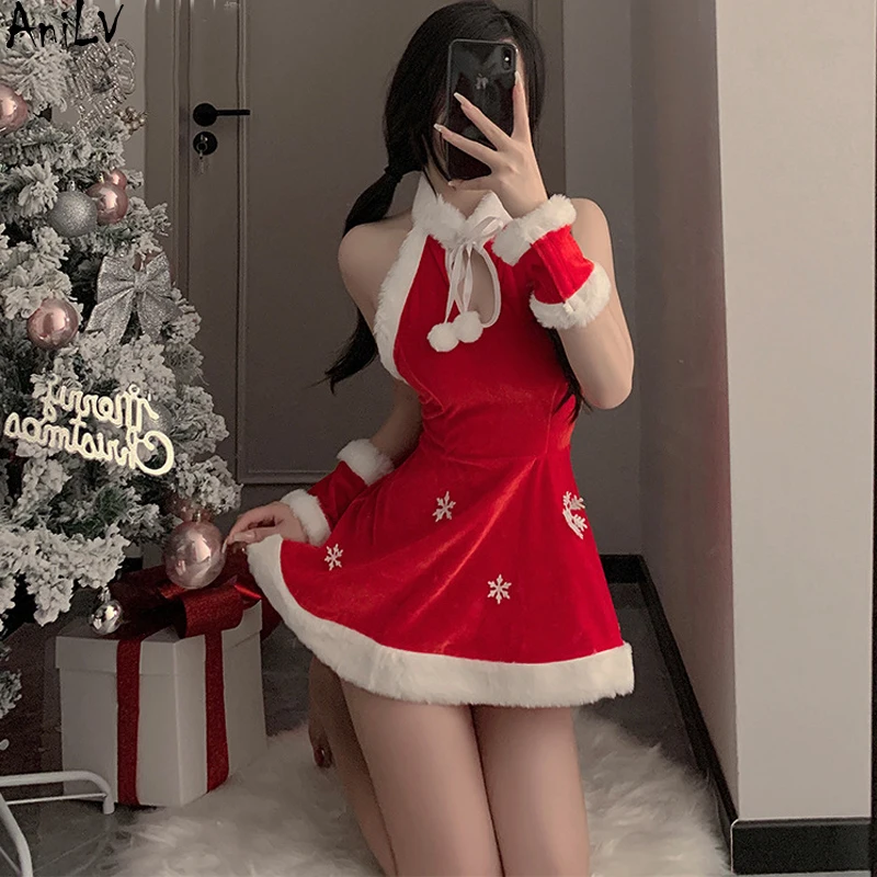 thumbnail image 1 of AniLV - Vestido de Papá Noel navideño con escote halter y espalda descubierta, con copos de nieve, uniforme cálido de felpa, disfraces de cosplay, 1 of 5