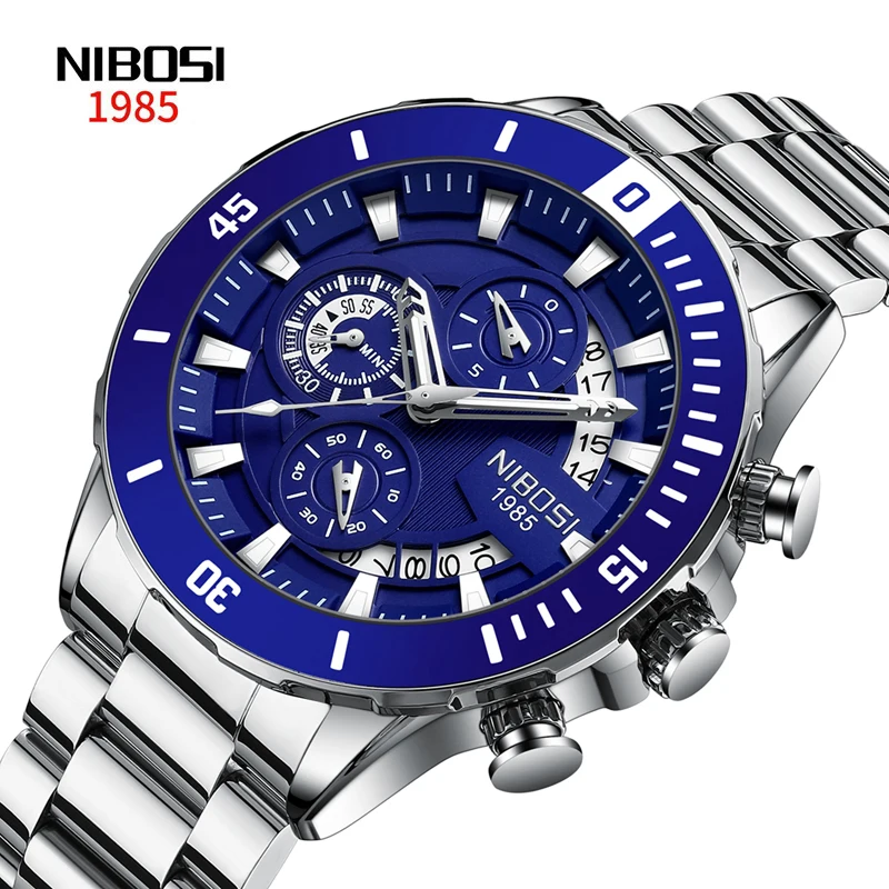 NIBOSI Brand Luxury Chronograph Quartz Watch for Men Stainless Steel Waterproof Luminous Date Sport Big Dial Fashion Men Watches