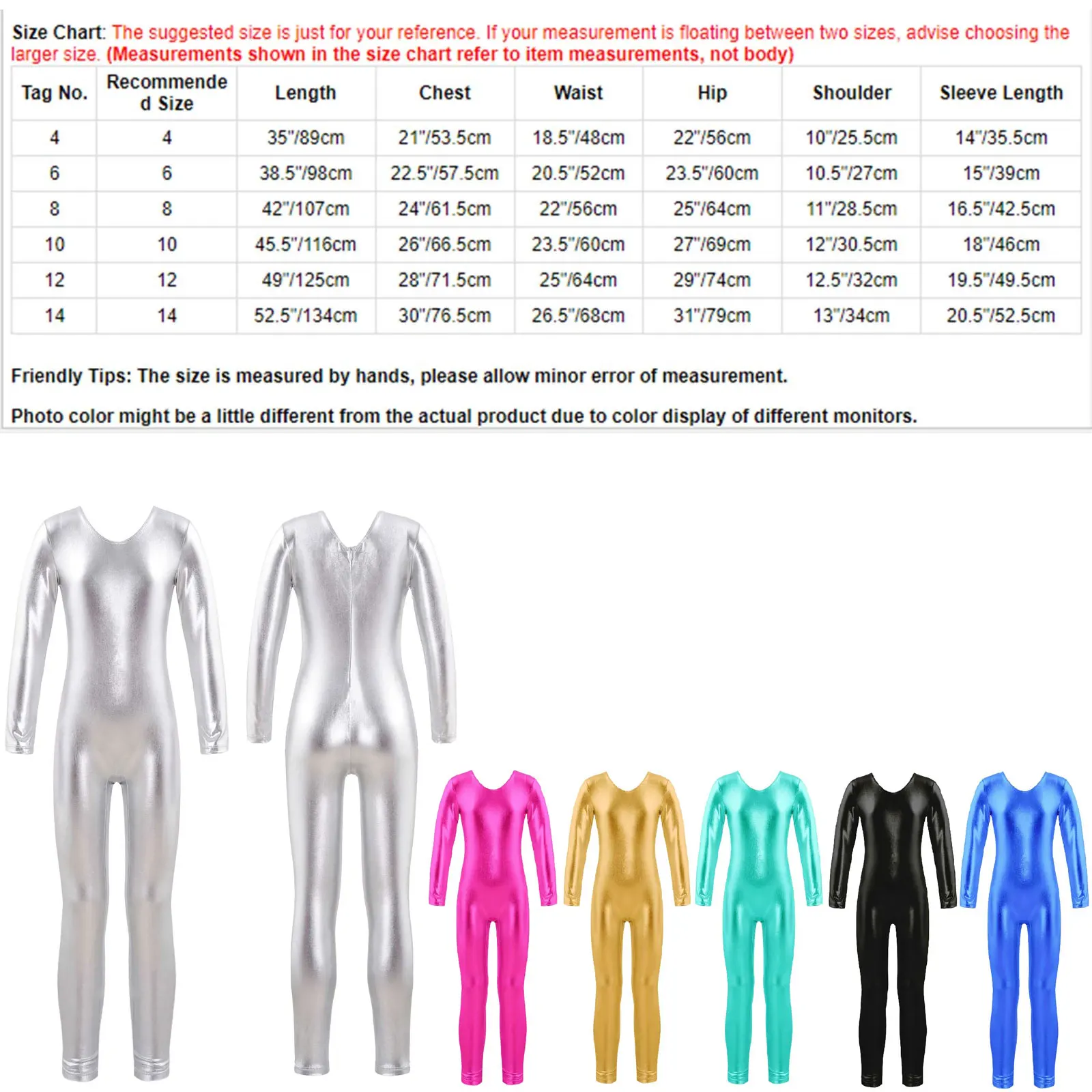 Kids Girls Shiny Metallic Full Body Suit Catsuit One Piece Long Sleeve Unitard Jumpsuit for Dance Gymnastics Workout Team Sport