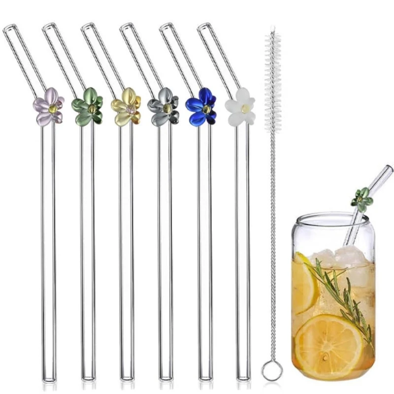 8PCS Colored flowers Drink Straws Reusable with Brush Drinking Straws Suitable for Beverage Coffee and Cocktails Drinking