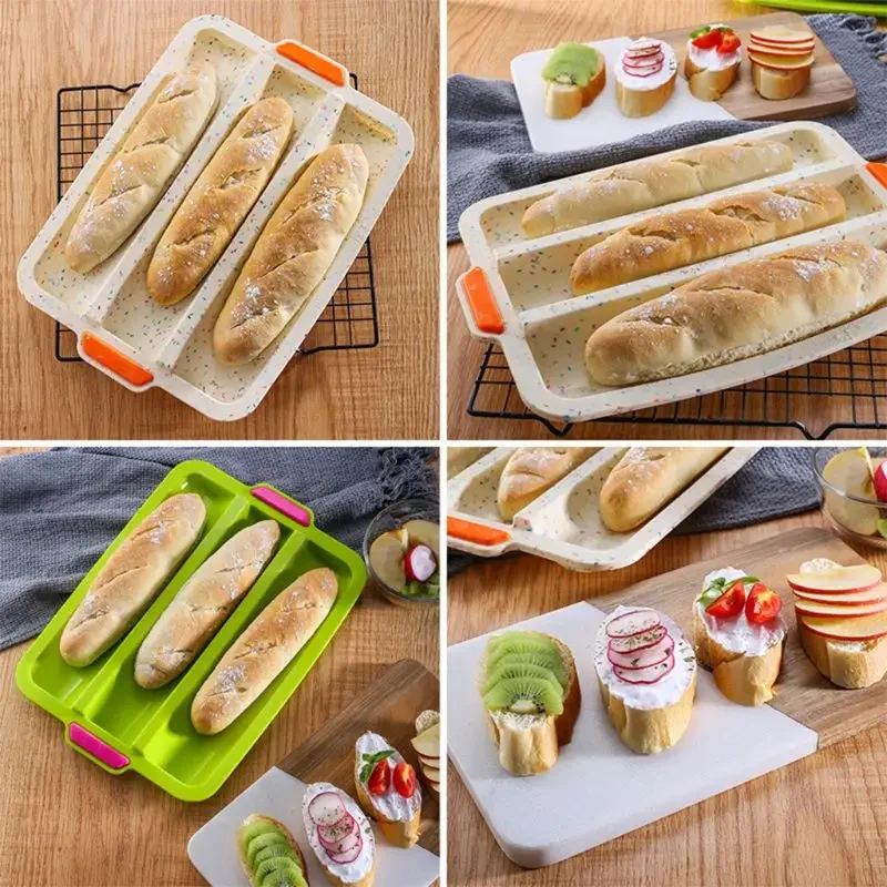 3 Cavity Baguette Baking Tray Non-Stick Silicone Cake Mold Bread Mould Oven Pan Easy Demoulding Baking Dish DIY Kitchen Supplies