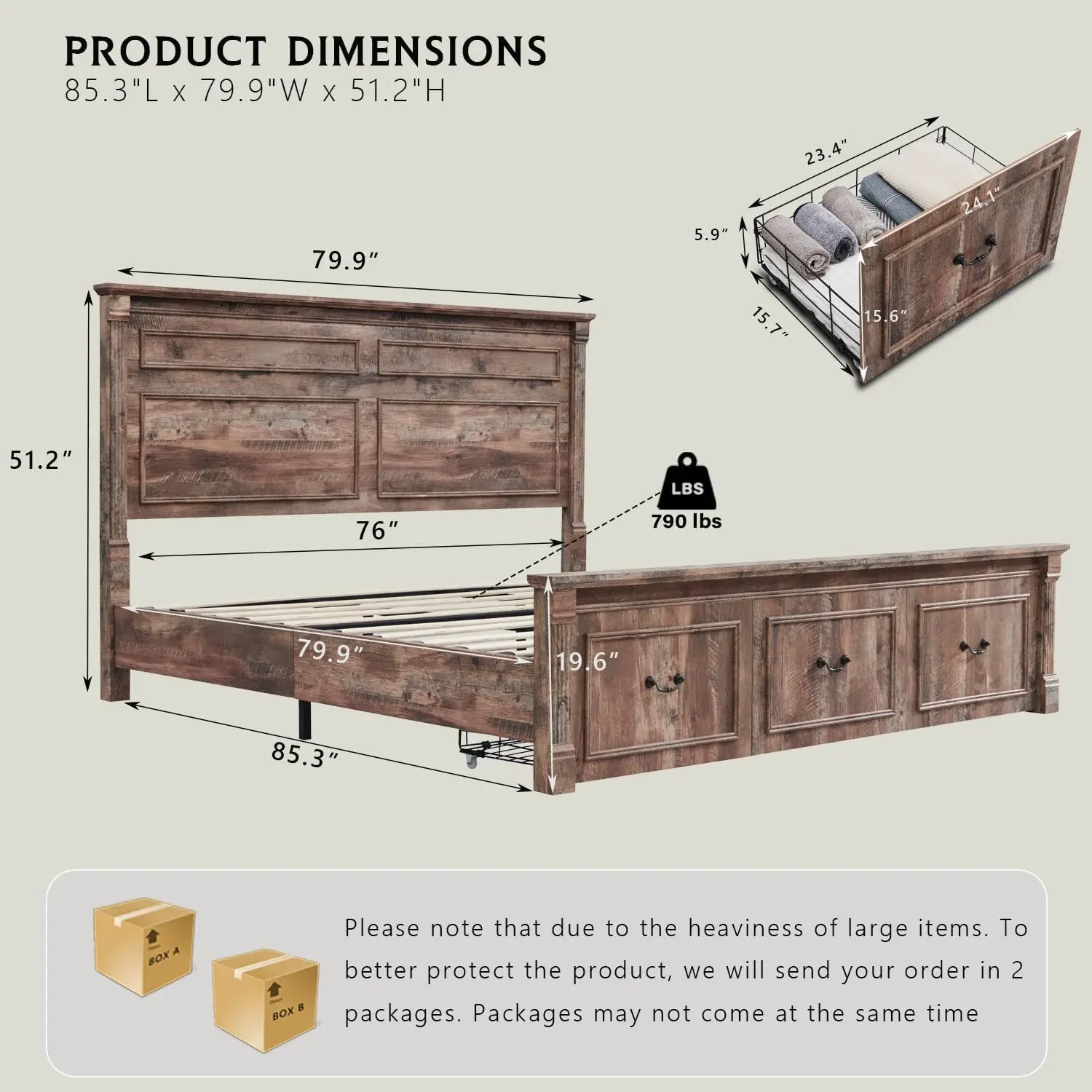 Farmhouse King Size Bed Frame with Roman Column Decoration,with 51" Tall Headboard, Wood Bed Frame with 20" Tall Footboard. 3