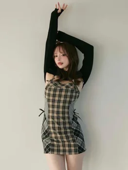 AndMary Abito in due pezzi patchwork scozzese giapponese con maniche lunghe da donna e gonna ingombrante in vita sui glutei 1