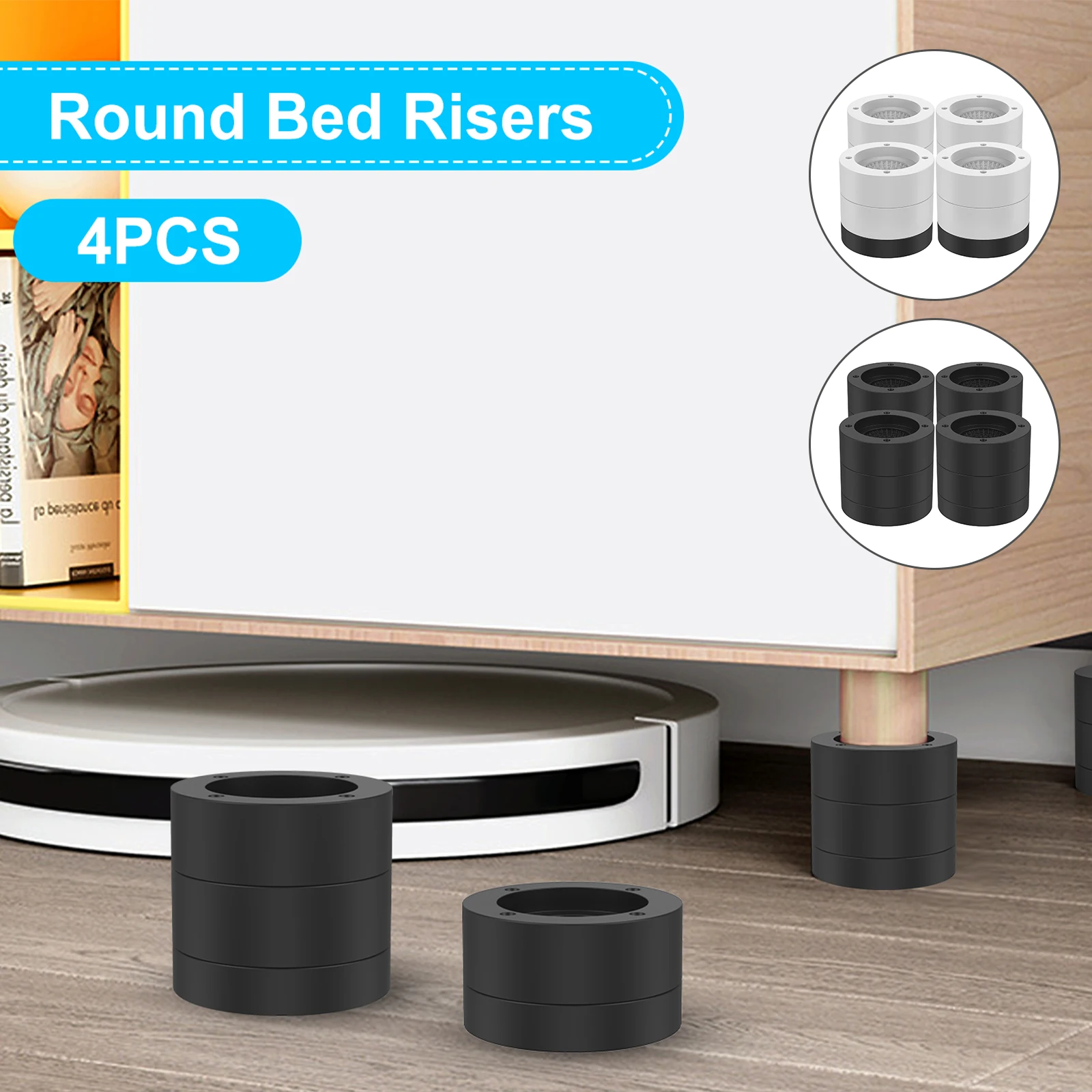 

4Pcs Round Furniture Riser Heavy Duty Bed Chair Riser Support 1300lb Anti-Slip Washing Machine Desk Couch Bottom Elevator