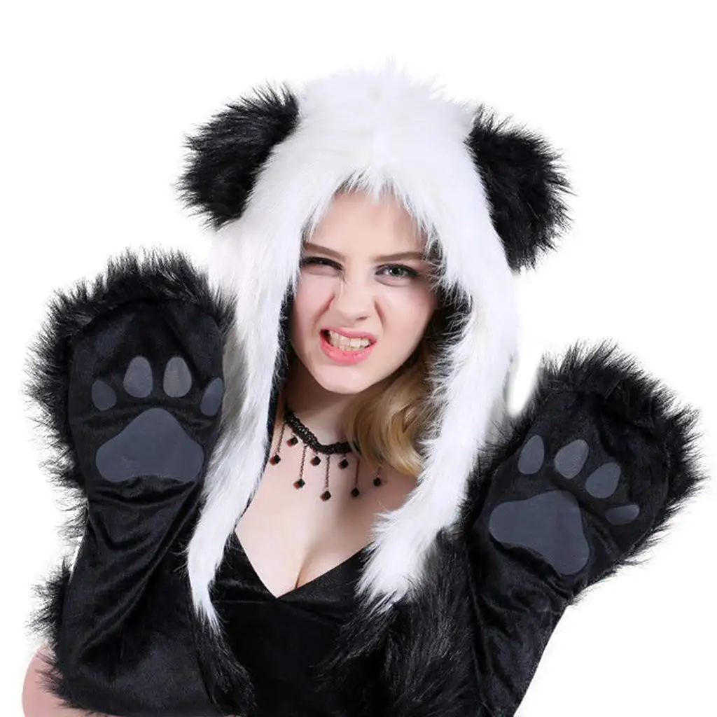 panda-winter-novelty-faux-fur-hoods-animal-hat-scarf-gloves-3-in1-fleece-hooded-plush-warm-earmuff-warcraft-cap