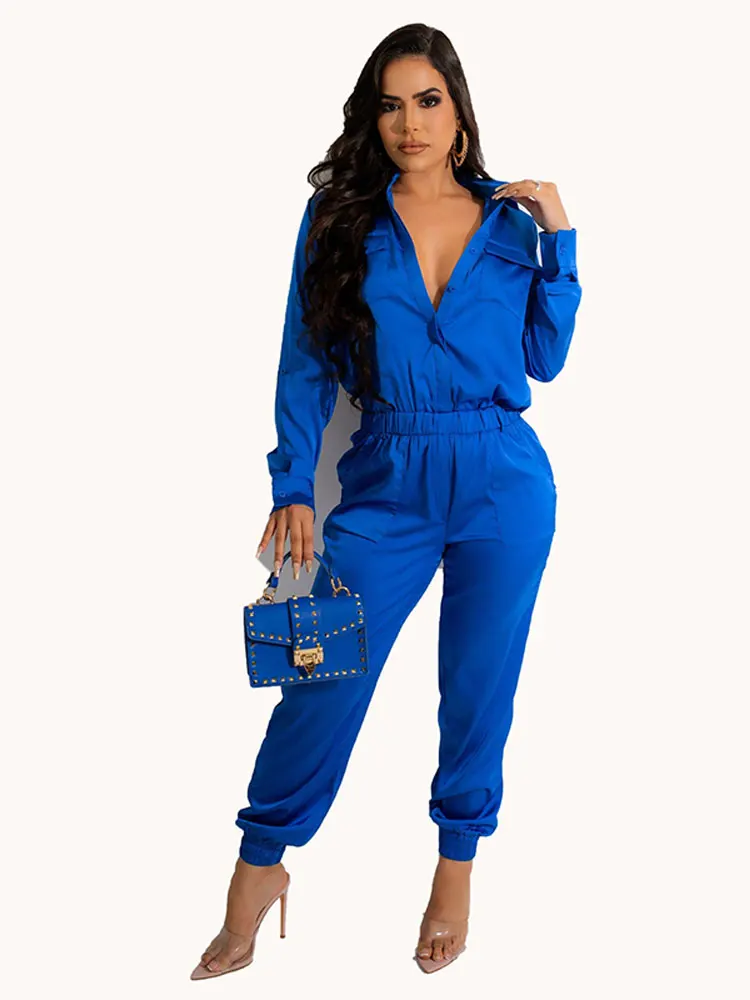 

Fashion Solid Color Jumpsuit Women Long Sleeve Towndown Collar Shirt Playsuit 2022 Autumn Ladies High Waist Jumpsuits