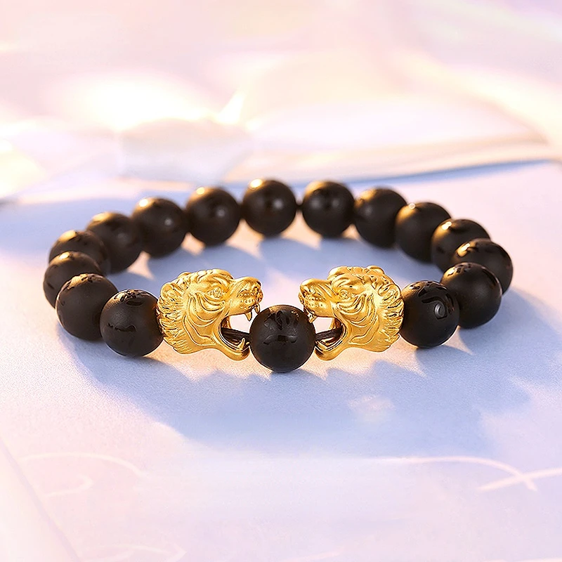 

Golden Tiger Head Obsidian Hand String Chinese Zodiac Tiger Dominant 3D Hard Foot Gold 999 Men's Gold Bracelet