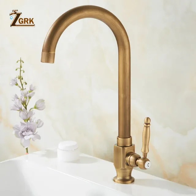 ZGRKเย็นก๊อกน้ำห้องครัวAntique Bronzeสำเร็จรูป 360 องศาSINGLE Hole Water TAP Cooper KITCHEN TAP 5