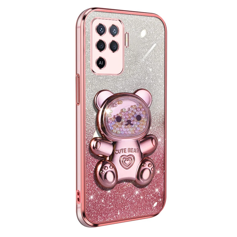 

5lite Luxury Plating Glitter Quicksand Bear Cartoon Phone Holder Case: For Oppo Reno5 Reno6 lite Reno 5 6 7 8 9 10 11 2 2Z Cover