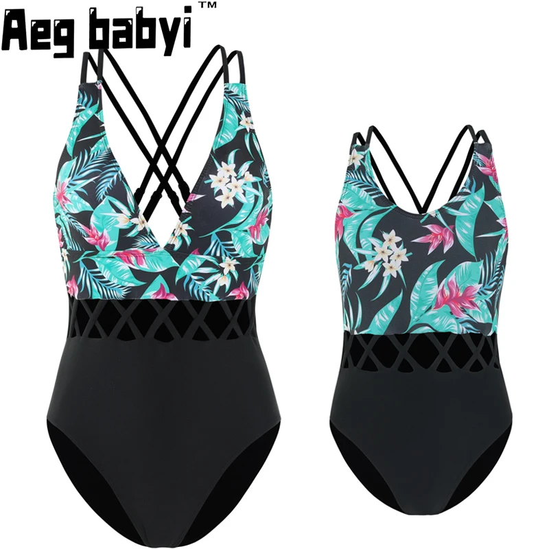 

Summer Family Matching Mother and Daughter Swimwear One-piece Flower Print Women Girls Mom and Me Bikini Swimsuits Family Outfit