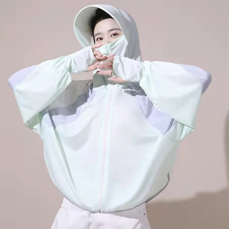 Sun-Protective Clothing Jacket Women Contrast Color Sun Hat Hooded Coat for Summer Lady Long Sleeve Clothing Breathable Veil