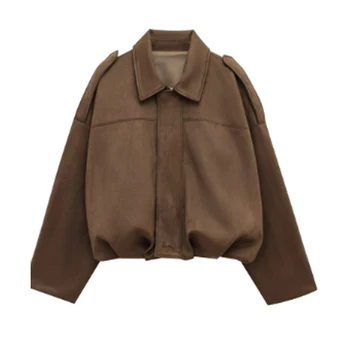 HXAO سترة نسائية ملابس خارجية بأكمام طويلة سترات نسائية مقصوصة بسحاب ديمي الموسم سترة من جلد الغزال معاطف وسترات نسائية 4