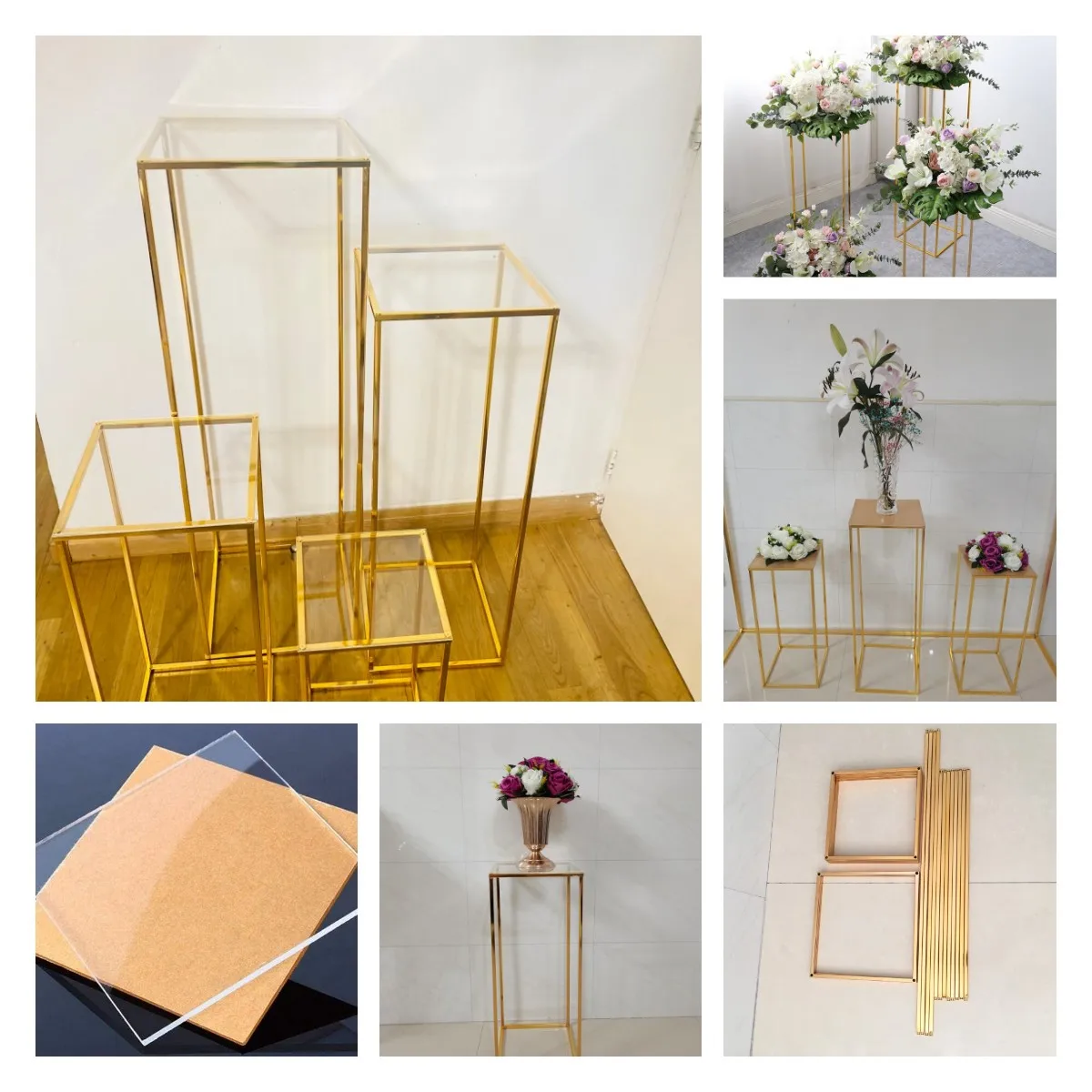 4-8pcs Shiny Gold Iron Plinths Pillar Cake Holder Metal Frame Backdrops Wedding Centerpiece Flower Stand Home Crafts Rack Decor |
