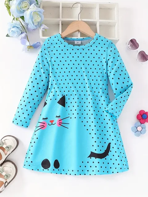 Robe à manches longues pour filles, imprimé Dots & Kitty, robe décontractée douce pour tous les jours, fête, cadeaux, printemps et automne 1