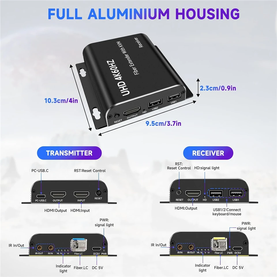 20KM 1080P 120Hz HDMI Fiber KVM Extender 4K 60Hz HDMI Over Fiber Optic Converter